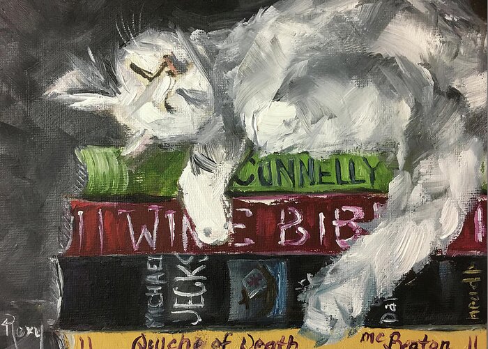 Sleepy Cat Greeting Card featuring the painting Biblio Cat by Roxy Rich