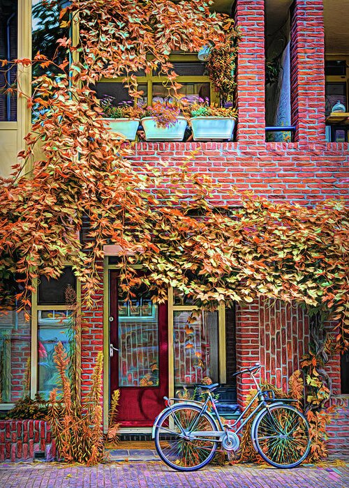 Spring Greeting Card featuring the photograph Bicycle Along the Streets of Amsterdam Painting by Debra and Dave Vanderlaan