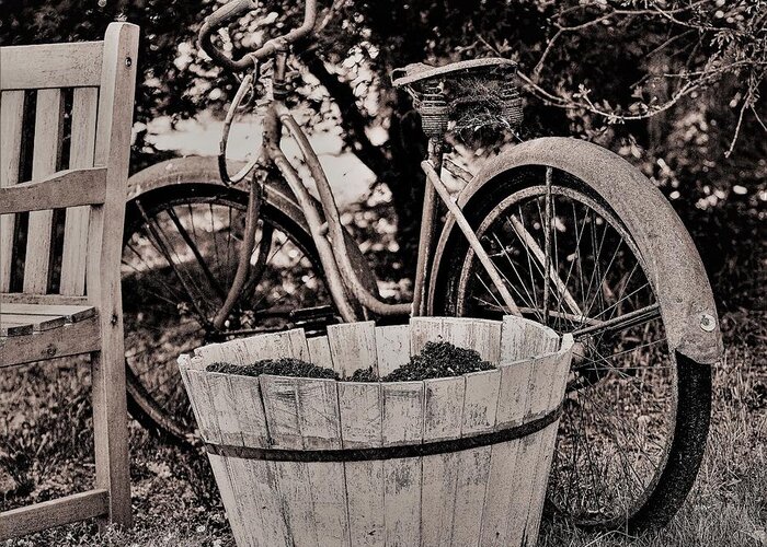 Bicycle Bench B&w Greeting Card featuring the photograph Bicycle Bench2 by John Linnemeyer