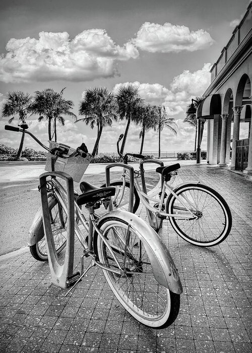 Black Greeting Card featuring the photograph Bicycles at the Beach Casino Black and White by Debra and Dave Vanderlaan