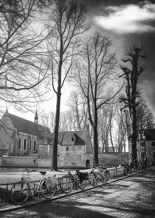 Bruges Greeting Card featuring the photograph Bicycles of Bruges Belgium Black and White by Carol Japp