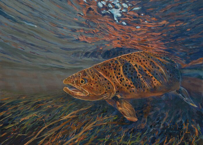 Brown Trout Greeting Card featuring the painting Big Brown by Les Herman