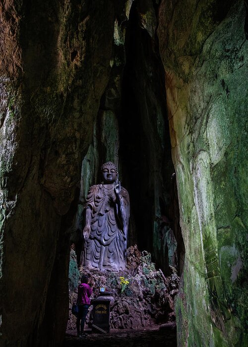 Ancient Greeting Card featuring the photograph Big Buddha Inside Marble Mountain by Arj Munoz