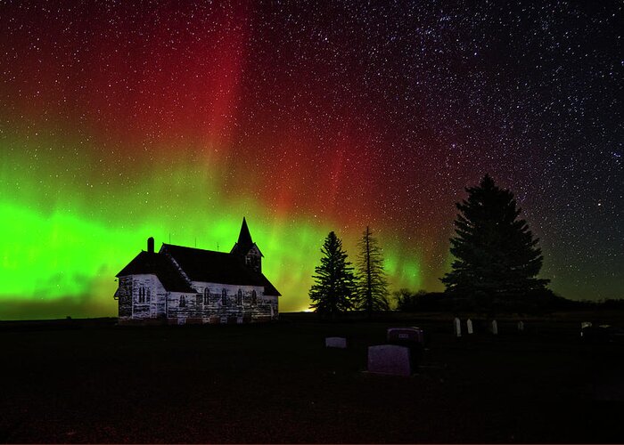 Big Coulee Lutheran Greeting Card featuring the photograph Big Coulee Lutheran Church with Aurora Borealis #2 of 2 by Peter Herman