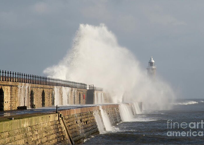 Storm Greeting Card featuring the photograph Big wave Tynemouth pier by Bryan Attewell