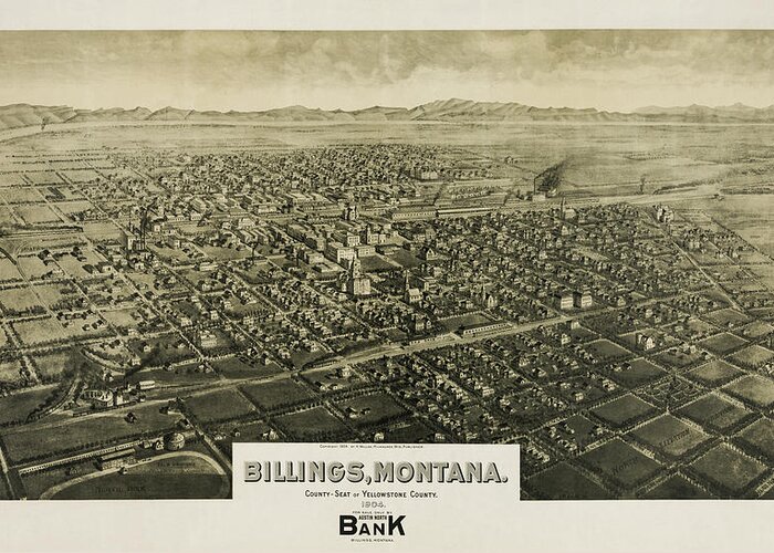 Billings Greeting Card featuring the photograph Billings Montana Antique Map Birds Eye View 1904 by Carol Japp