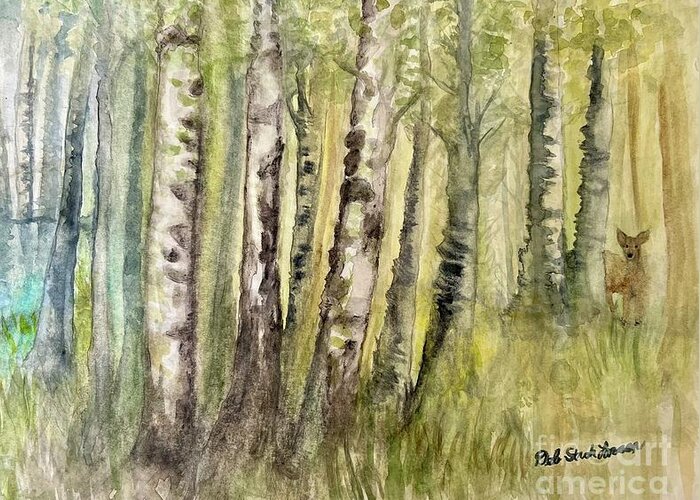 Birch Trees Greeting Card featuring the painting Birch Forest Visitor by Deb Stroh-Larson