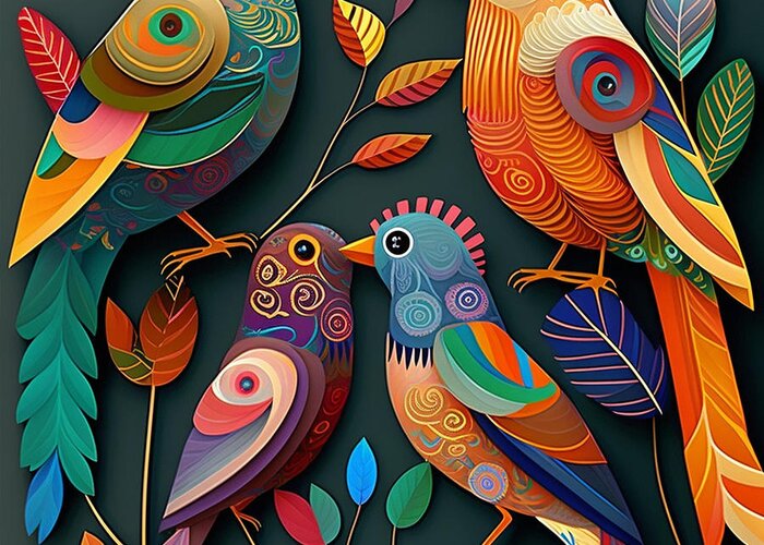 Birds Greeting Card featuring the digital art Birds - Folk Art I by Jay Schankman