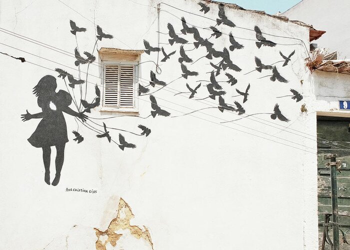Graffiti Greeting Card featuring the photograph Birds in Lisbon by Lupen Grainne