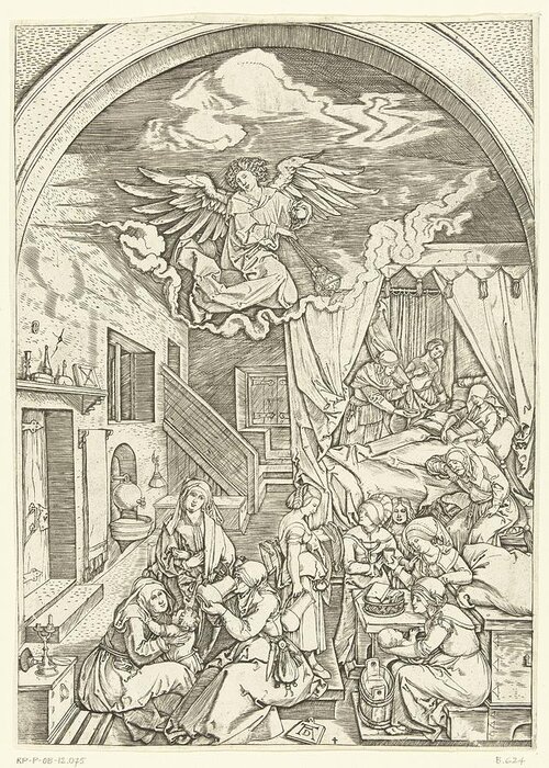 Antique Greeting Card featuring the painting Birth of Mary, Marcantonio Raimondi, after Albrech by MotionAge Designs