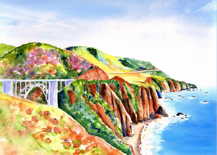 Bridge Greeting Card featuring the painting Bixby Bridge Big Sur California 4 by Carlin Blahnik CarlinArtWatercolor