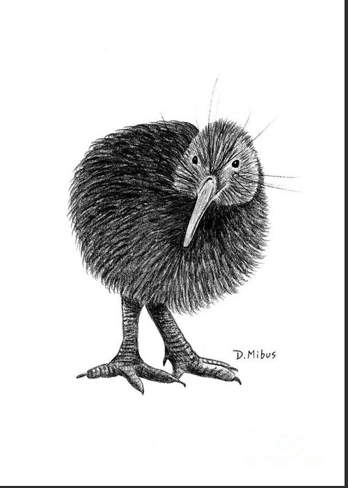 New Zealand Bird Greeting Card featuring the drawing Black and White Kiwi Bird of New Zealand by Donna Mibus