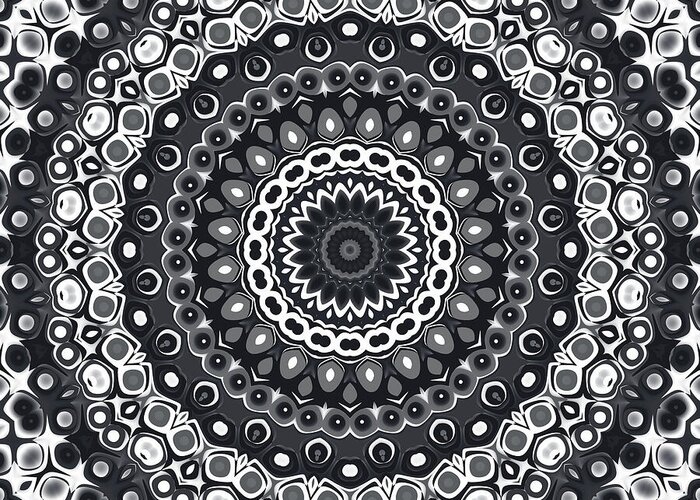 Black Greeting Card featuring the digital art Black and White Mandala Kaleidoscope Medallion Flower by Mercury McCutcheon