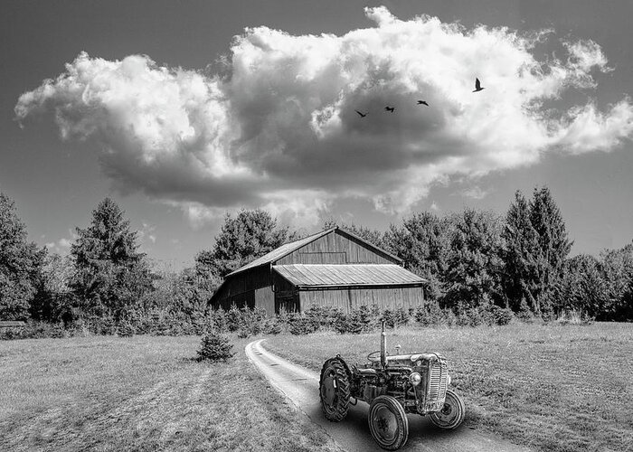 Barn Greeting Card featuring the photograph Black and White Tractor on the Farm Trail by Debra and Dave Vanderlaan