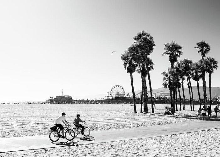 Santa Monica Greeting Card featuring the photograph Black California Series - Bike Ride in Santa Monica by Philippe HUGONNARD