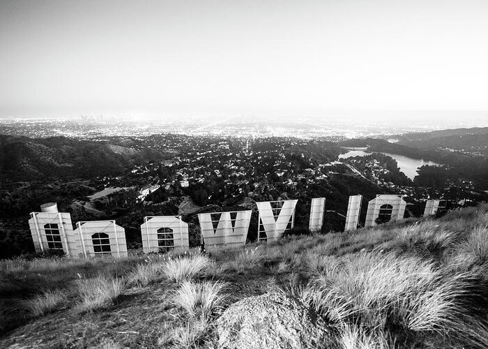 Los Angeles Greeting Card featuring the photograph Black California Series - Hollywood Sign by Night by Philippe HUGONNARD