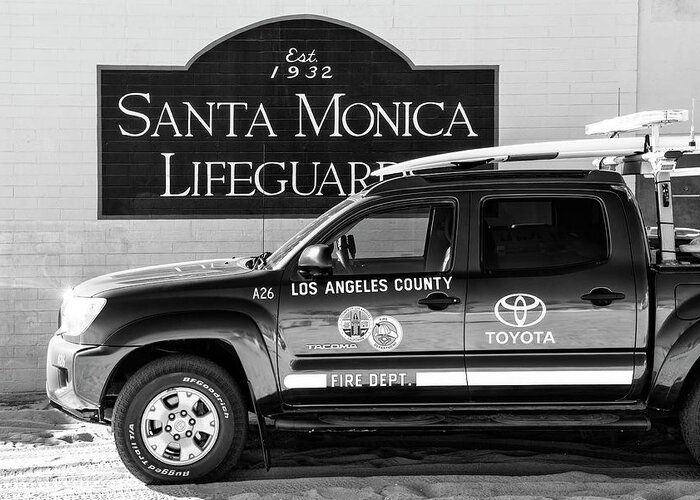 Santa Monica Greeting Card featuring the photograph Black California Series - Santa Monica Lifeguards by Philippe HUGONNARD