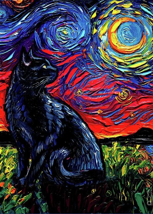 Black Cat Night 2 Greeting Card featuring the painting Black Cat Night 2 by Aja Trier