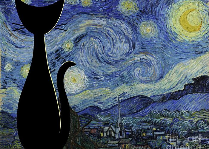 Black Cat Greeting Card featuring the digital art Black Cat Steps into Starry Night by Donna Mibus