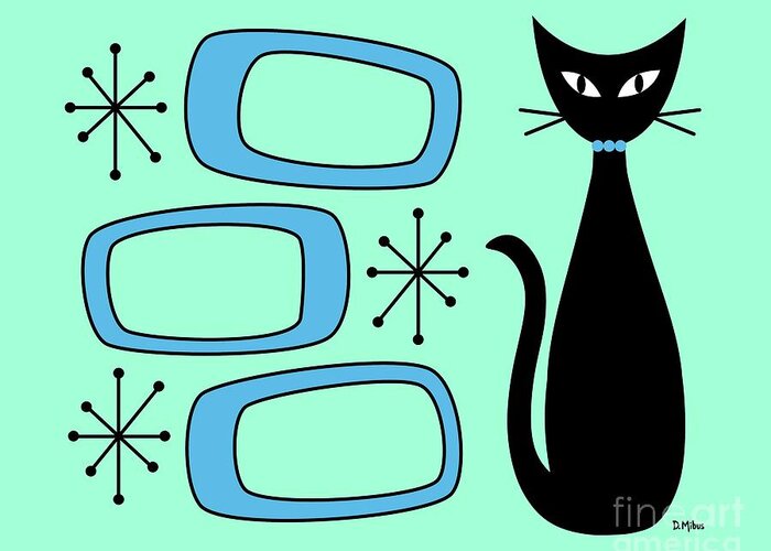 Mid Century Cat Greeting Card featuring the digital art Black Cat with Mod Oblongs Aqua by Donna Mibus