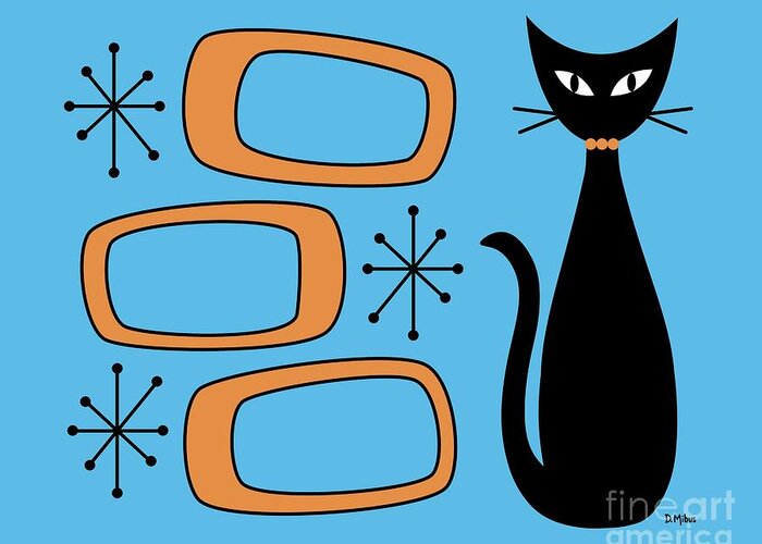 Mid Century Cat Greeting Card featuring the digital art Black Cat with Mod Oblongs Blue by Donna Mibus