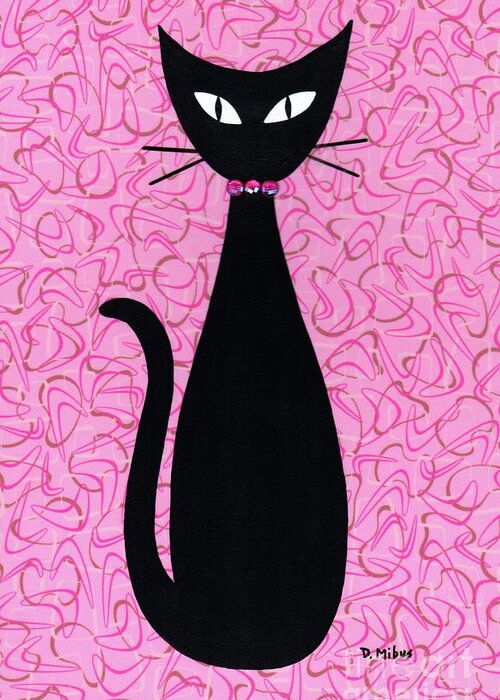 Mid Century Modern Black Cat Greeting Card featuring the mixed media Black Cat with Pink Rhinestone Collar by Donna Mibus