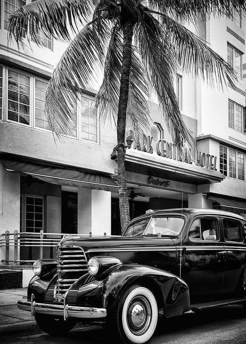 Florida Greeting Card featuring the photograph Black Florida Series - Miami Beach Classic Car by Philippe HUGONNARD
