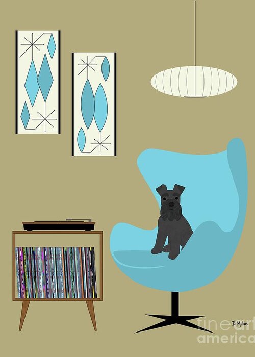 Mini Schnauzer Dog Greeting Card featuring the digital art Black Mini Schnauzer with Record Player by Donna Mibus