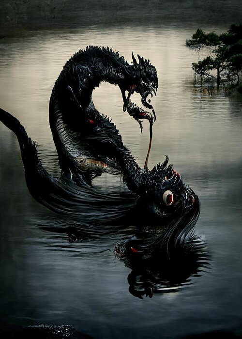 Horror Greeting Card featuring the digital art Black water Dragon - artwork by Ryan Nieves