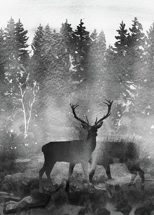 Deer Greeting Card featuring the painting Black White Grey Morning Deer Bucks Watercolor Silhouette Forest by Irina Sztukowski