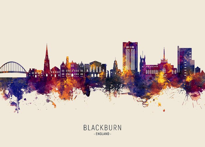 Blackburn Greeting Card featuring the digital art Blackburn England Skyline #34 by Michael Tompsett