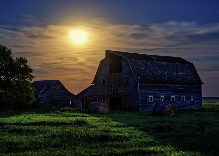 Abandoned Greeting Card featuring the photograph Blackmore Barn Nightscape #1 - abandoned ND barn in moonlight by Peter Herman