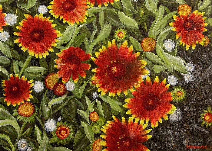 Red Greeting Card featuring the painting Blanket Flowers by Donna Manaraze