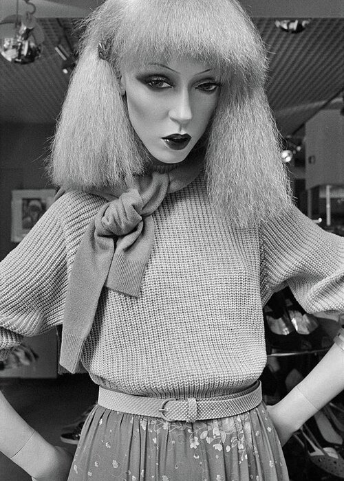 Mannequin Greeting Card featuring the photograph Blonde mannequin in Regent St, London, 1980 by Roberto Bigano