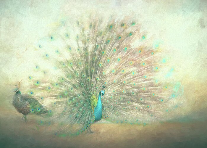 Peacock Greeting Card featuring the painting Blooming Peacock in Mint Green by Jai Johnson