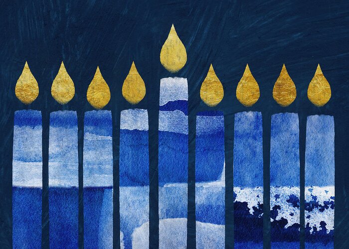 Menorah Greeting Card featuring the mixed media Blue and White Painted Menorah- Art by Linda Woods by Linda Woods