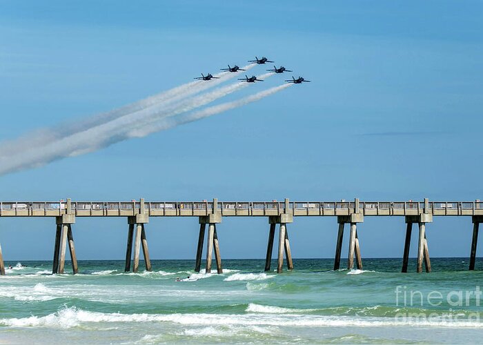 Blue Angels Greeting Card featuring the photograph Blue Angels Over Pensacola Beach Fishing Pier by Beachtown Views