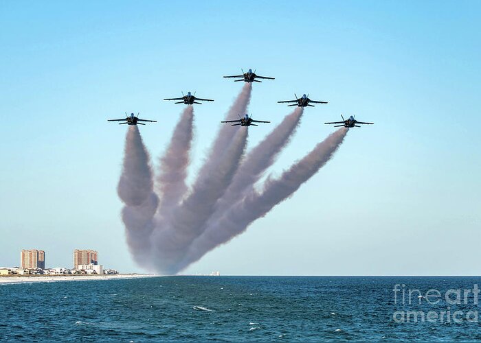 Blue Greeting Card featuring the photograph Blue Angels Pensacola Beach Fishing Pier Flyover by Beachtown Views