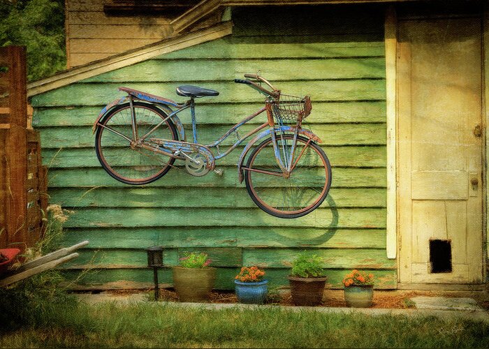 Aib_2022 #2551 Greeting Card featuring the photograph Blue Bicycle on the Wall by Craig J Satterlee