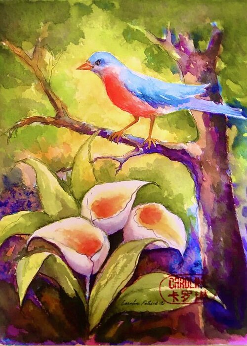 Blue Bird Speaking Greeting Card featuring the painting Blue Bird whispers by Caroline Patrick