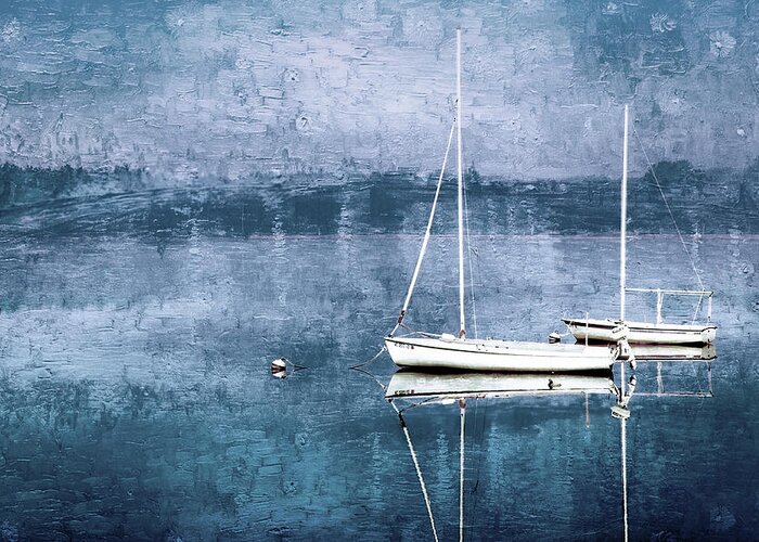  Greeting Card featuring the digital art Blue Boats by Cindy Greenstein