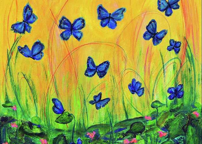 Blue Butterfly Painting Greeting Card featuring the painting Blue Butterflies in Early Morning Garden by Haleh Mahbod