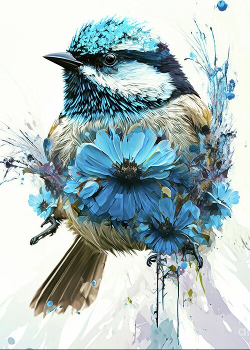 Black Capped Chickadee Greeting Card featuring the painting Blue Daisy Chickadee by Tina LeCour