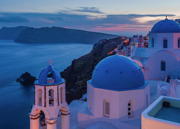Aegean Sea Greeting Card featuring the photograph Blue Domes Of Santorini by Evgeni Dinev