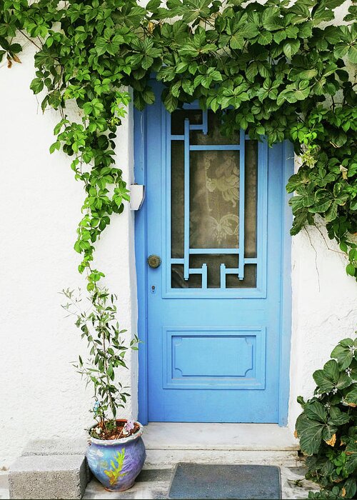 Greece Greeting Card featuring the photograph Blue Door and Vine by Lupen Grainne