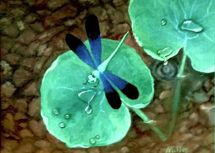  Greeting Card featuring the painting Blue Dragonfly on lilypad by Peggy Miller