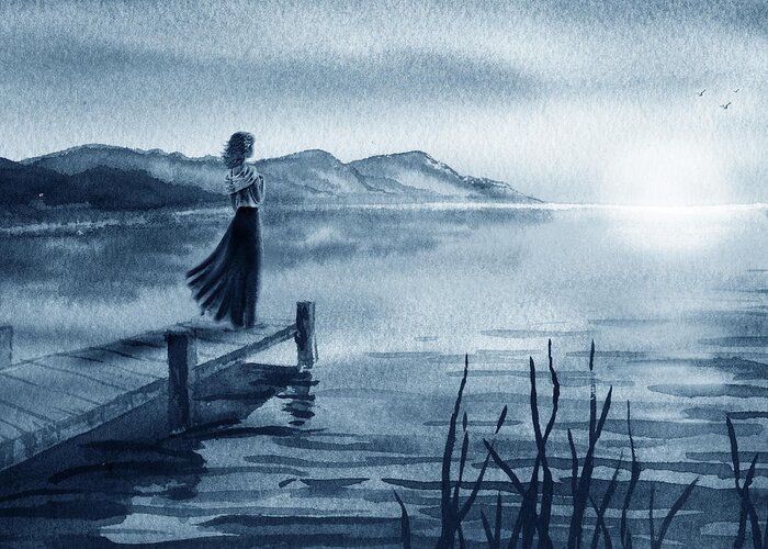 Girl Greeting Card featuring the painting Blue Evening Sunset Girl At The Lake Seascape Watercolor by Irina Sztukowski