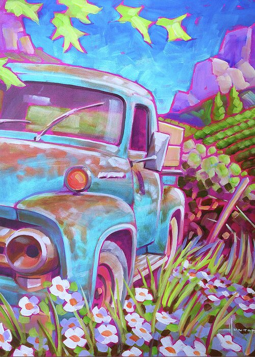 Ford Greeting Card featuring the painting Blue Ford by Larry Hunter