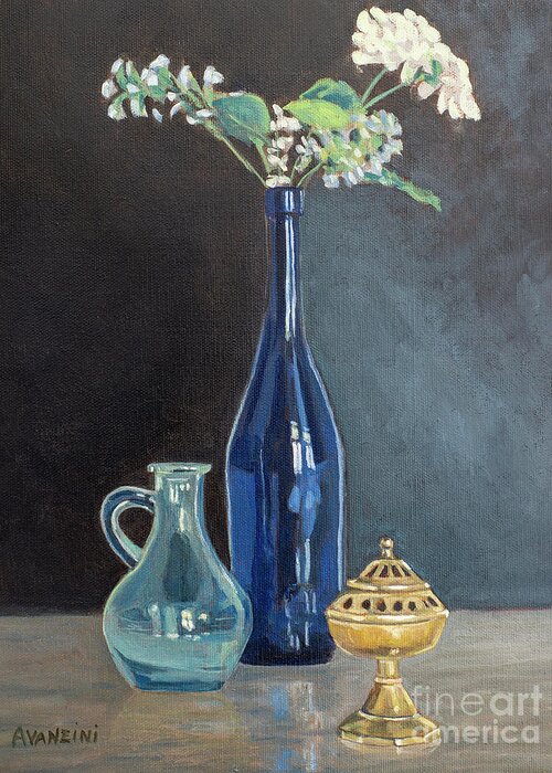 Taste Greeting Card featuring the painting Blue Glass Wine Bottle with Flowers Water Jug and Censer Still Life by Pablo Avanzini