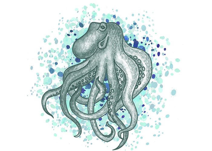 Octopus Greeting Card featuring the painting Blue Gray Watercolor Octopus On A Splash Of Teal Water Beach Art by Irina Sztukowski